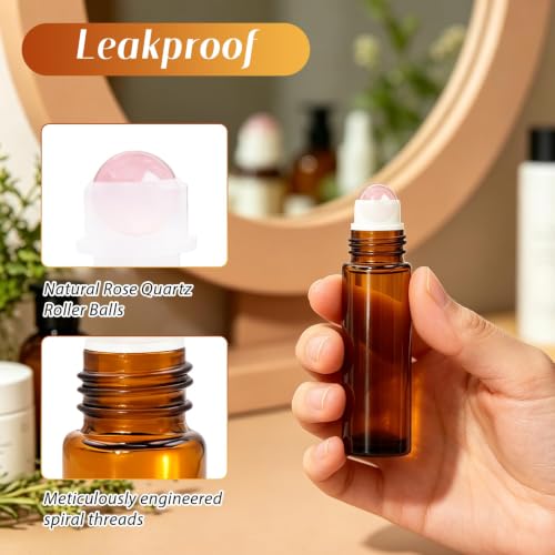 Amber Rose Quartz 10ml Essential Oil Roller Bottles, 60 Pack – Leakproof