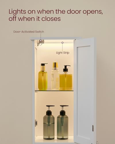 VASAGLE Tall Storage Cabinet with Lights, Slim 11.8x11.8x66.9 in Cloud White - Adjustable Shelves & Door-Activated Lighting