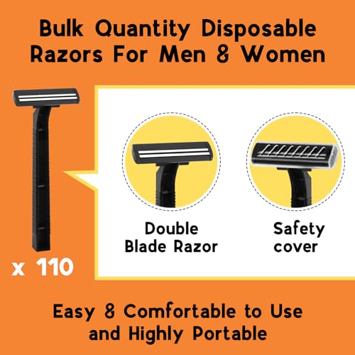 CXYARY 110 Pcs Twin Blade Disposable Razors With Clear Safety Cap, Shaving Razors Bulk for Men &Women, Stainless Steel Blade, Multipurpose Portable Shave Razor for Bathing Hotel Travel, Black
