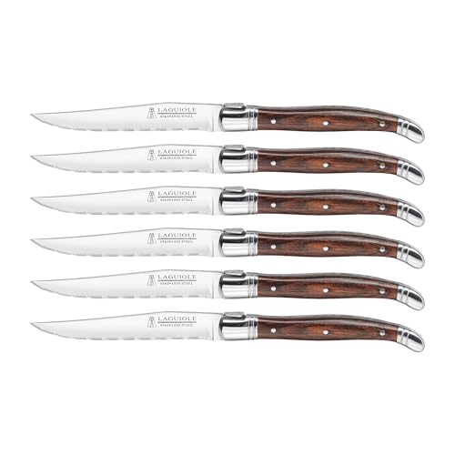 Trudeau Laguiole Steak Knives Set of 6 - Premium Stainless Steel & Pakkawood Handles