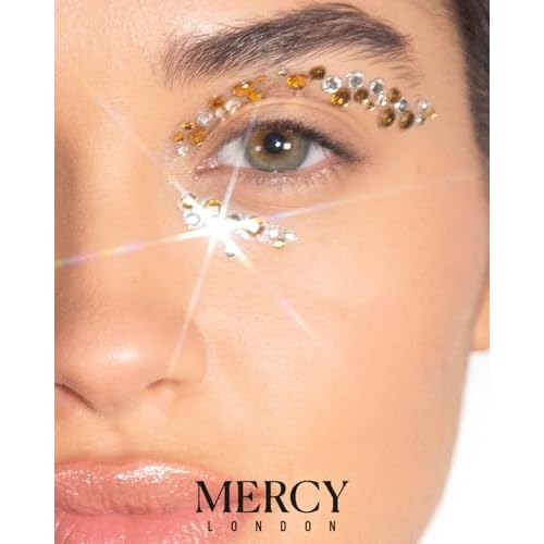 Eye Dazzle Gold Face Jewels by Mercy London Eye Liner Crystal Costume Accessories Face Gems Jewels All In One Halloween Headpiece Stick On