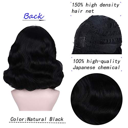 Vintage 50s Rockabilly Wavy Black Wig with Bangs - Cosplay & Daily Use