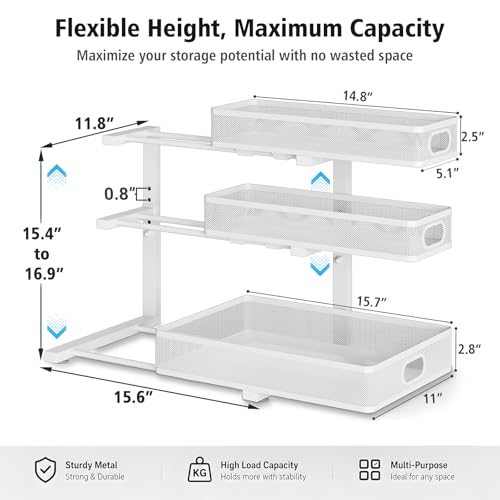 GUUKAR White 3-Tier Under Sink Organizer with Adjustable Height – Metal Storage Rack