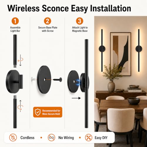 Black 24-inch Battery Operated Wall Sconce Set of 2 with Remote & Touch Control - Modern Rechargeable Lighting