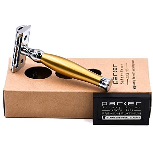 Parker 48R Heavyweight 3-Piece Double Edge Razor ? Matte Gold Finish with 5 Premium Platinum Double Edge Razor Blades - Delivers a Barber Shop Quality Shave