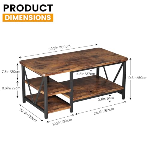 Farmhouse Coffee Table with Storage - 39.3-inch Rustic Industrial Design