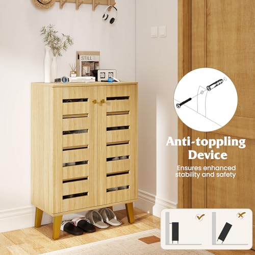GIANTEX Shoe Cabinet with Doors - Slatted Door Modern Wooden Narrow Shoe Storage