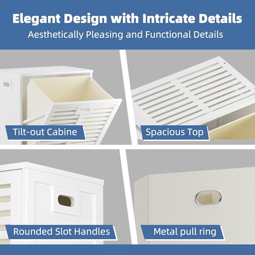 White Tilt Out Laundry Hamper Cabinet with 20 Gallon Basket & Bamboo Surface