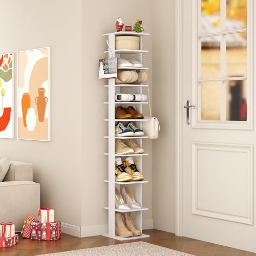 White 11.02 x 11.02 x 62.2 Inch 10-Tier Vertical Shoe Rack with Hooks