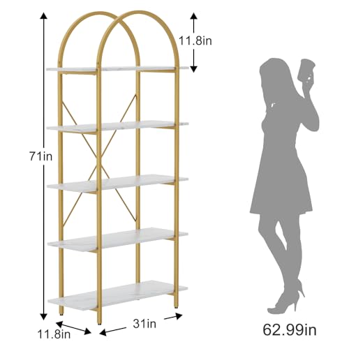 Gold 5-Tier Arched Bookshelf - Industrial Style Curved Tall Bookcase, 31.5 Inch Width