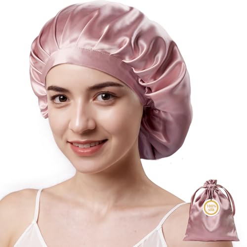Kaome Pink 100% Mulberry Silk Sleep Bonnet for Women, Large Double Layer