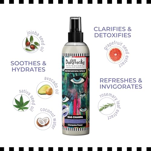 Dollylocks Refreshening Spray for Locs, Braids, Extensions - Nag Champa 8 oz - Plant-Based, Residue-Free, Moisturizing Scalp Relief