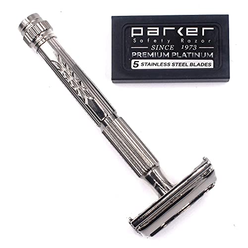 Parker 60R Long Handle Butterfly-Open DE Safety Razor for Men ? Solid Brass, Nickel-Plated Wet Shaving Razor ? Includes 5 Platinum Blades?Close, Comfortable Shave, Reduces Razor Burn & Ingrown Hairs