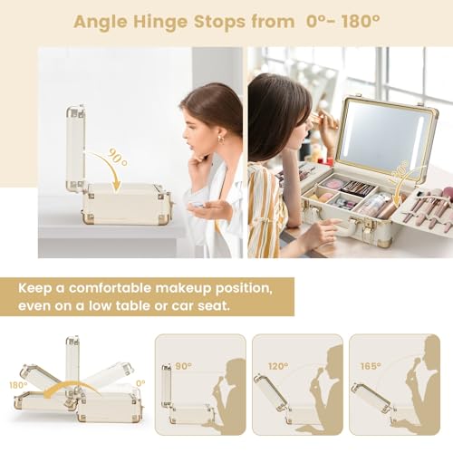Lighted Makeup Case with Detachable Tray, Beige Vegan Leather Makeup Box Rechargable 3-Color LED Mirror, Travel Train Case Makeup Bag Organizer with Champagne Alloy
