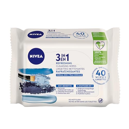 NIVEA 3-in-1 Refreshing Face Cleansing Wipes (40 Count), Normal/Combination Skin, Biodegradable, Plant-Based Fibres, Makeup Remover, Dermatologically Tested