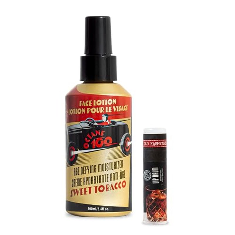 18.21 Man Made Octane 100 Face Lotion 3.4 oz Sweet Tobacco & Lip Balm 2-Set Bundle, All Hair & Skin Types for Men, Strengthens and Moisturizes in a Manly Aroma