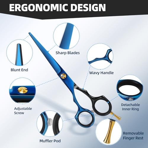 Professional Hair Cutting Scissors Set 3-Piece Black & Blue 6.5" Barber Shears
