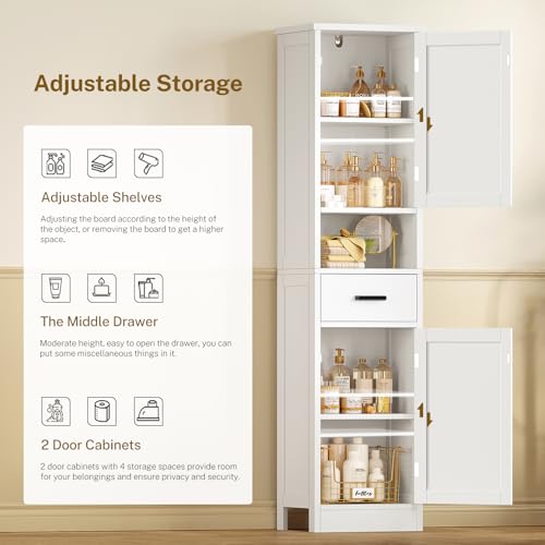 White Tall Bathroom Storage Cabinet with Barn Doors and Drawer - 67 Inch