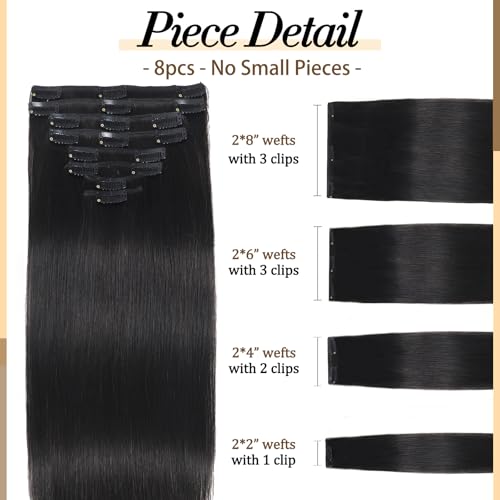 Clip in Hair Extensions - 14 Inch Natural Black Real Human Hair - Variation #1B