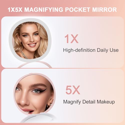 deweisn Compact Mirror,Portable Travel Makeup Mirror with Lights 1X/5X Magnification LED for Purse,Pocket,Handheld,2-Sided Folding Small Mirror Adjustable Brightness,Pink