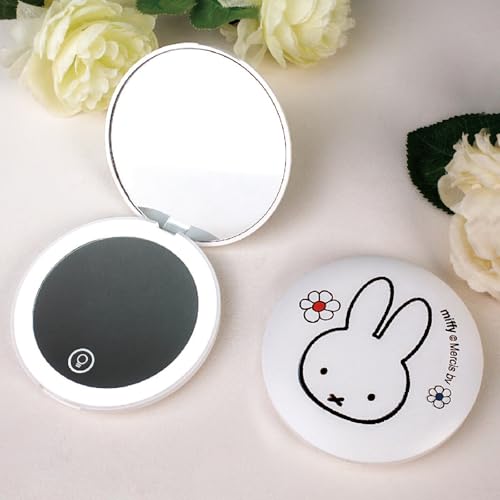 Miffy Handheld LED Makeup Mirror, Foldable 2-Side 1x/10x Magnification,Pocket Small Lighted Mirror for Travel, Rabbit Shape (Pure White)
