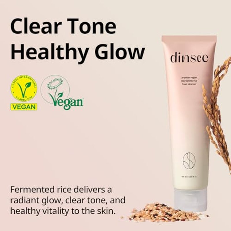 DINSEE Premium Vegan Microbiome Rice Foam Cleanser- Gentle Korean Rice Face Wash, Vegan Face Cleanser, Daily Facial Cleanse, Makeup remover, Reduce Sebem, 150ml / 5.07fl.oz
