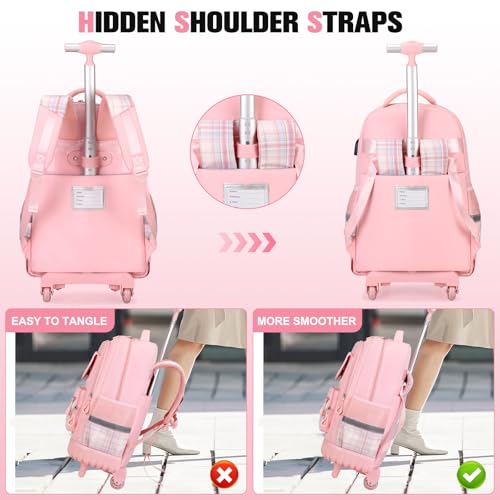 Pink Kids Rolling Backpack with Lunch Bag & Pencil Pouch - 3-in-1 School Bag