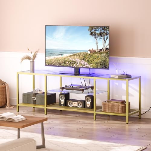 63 Inch Modern TV Stand with LED Lights and Power Outlets, Tempered Glass, Open Shelves, Gold Frame