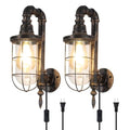 2 Pack Industrial Plug-in Wall Sconces with E26 LED Bulbs, Rustic Metal Design