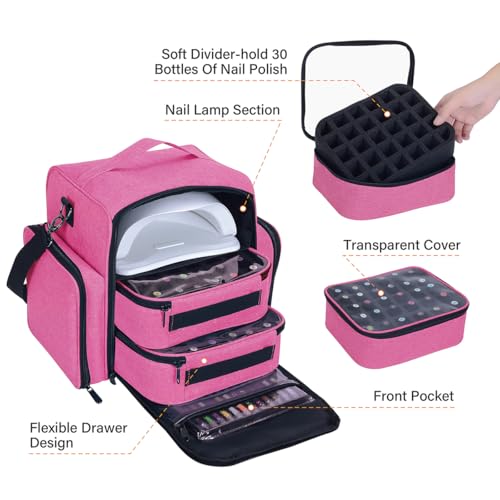 UOZL Rose Red Nail Polish Organizer Case for 60 Bottles with Detachable Bags
