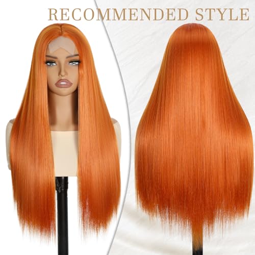 Ginger Orange Long Straight Wig 28 Inch for Women, Heat Resistant Synthetic Hair, Middle Part, Natural Look — Ellieryan