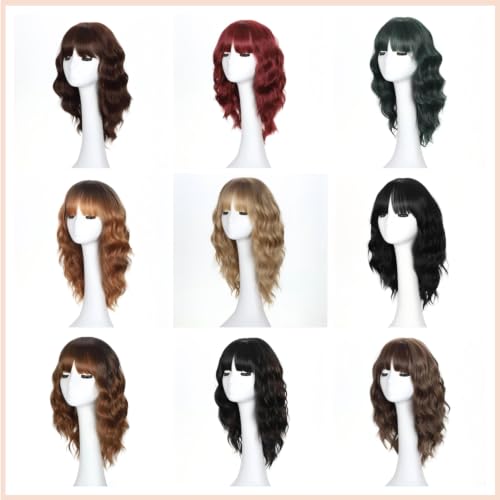 Black Wigs for Women 16 Inch Wavy Short Style with Bangs - Lightweight & Natural Looking