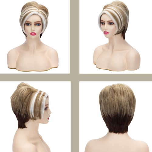 Short Blonde Brown Wavy Wig for Women - Layered Curly Costume Hair with Gold & White Mix Variation