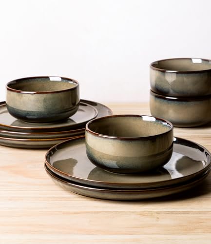 TheTerra 12-Piece Mocha Brown Ceramic Dinnerware Set for 4 - Handcrafted, Durable, Microwave & Oven Safe