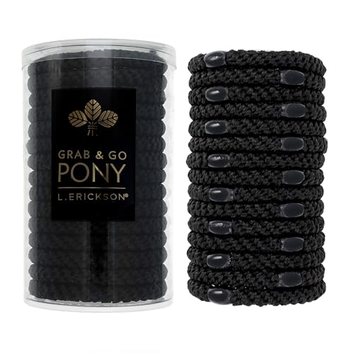 L. Erickson Black Hair Ties for Thick Hair, Grab & Go Pony Tube, 15 Pack, Black Pack, Thick No-Crease Bands with Strong Hold, Damage-Free Design, Sleek Everyday Style