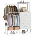White Dresser with Double Hanging Racks, Wheels & Fabric Drawers - Bedroom Storage
