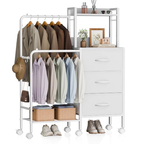 White Dresser with Double Hanging Racks, Wheels & Fabric Drawers - Bedroom Storage