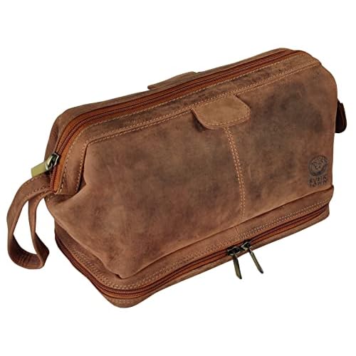 RUSTIC TOWN Leather Toiletry Bag for Men - Travel Gift Shaving Ditty Kit - Bathroom Shower Toiletries Organizer - Cosmetic Makeup Bag for Women