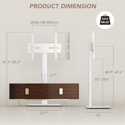 AX WABER White Floor TV Stand with Mount - 70° Swivel, Height Adjustable, Fits 27-65 inch TVs, No Power Outlet