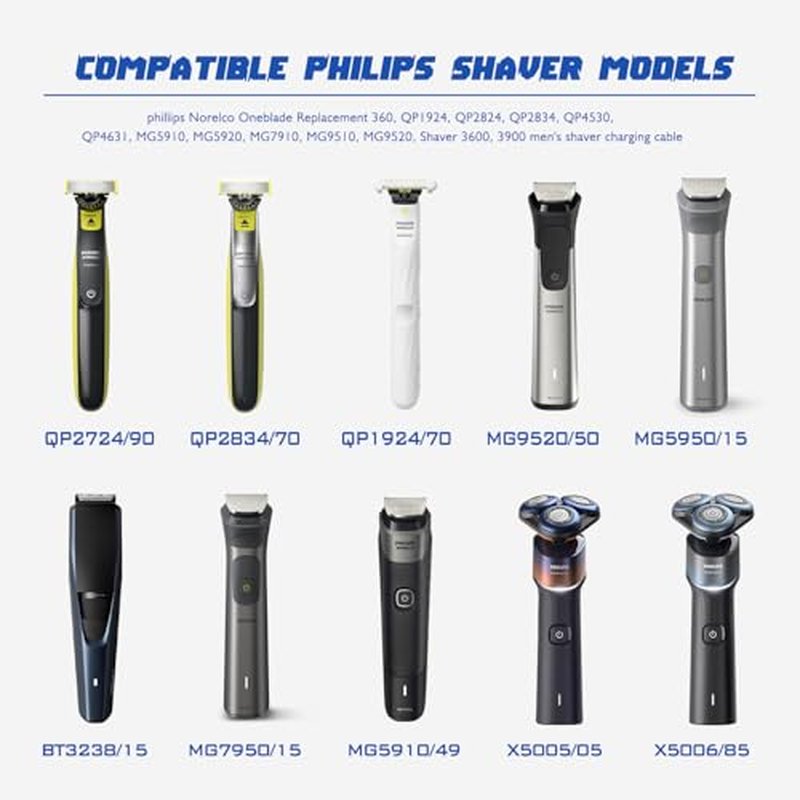 5V USB Charging Cable Compatible with Philips One Blade QP2724 Charger Cord for Phillips Norelco Oneblade 360, QP1924, QP2834, MG5910, Shaver 3600, 3900, 2 Packs Beard Trimmer Power Cord for Travel