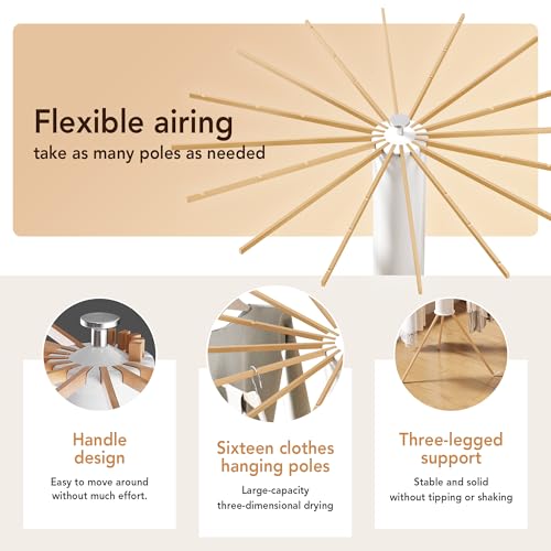 Foldable Tripod Clothes Drying Rack with 16 Beechwood Arms - Wooden Poles