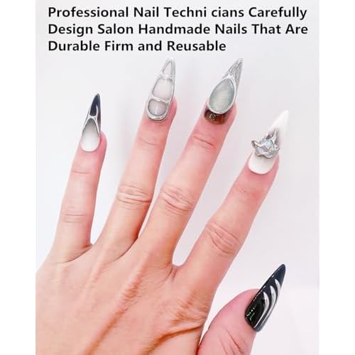 Press on Nails Handmade Nails Luxury Reusable Fake Nails For Girls long Almond Armor Tip Black Silver Diamonds HandPainted Salon Loveful Design Acrylic GelUV Finished 3DNails 10PCS(A70, S)