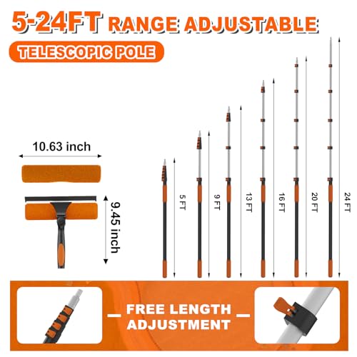 30FT Reach Window Squeegee Kit with 2-in-1 Washer & Rotatable Head - Includes 24FT Extension Pole