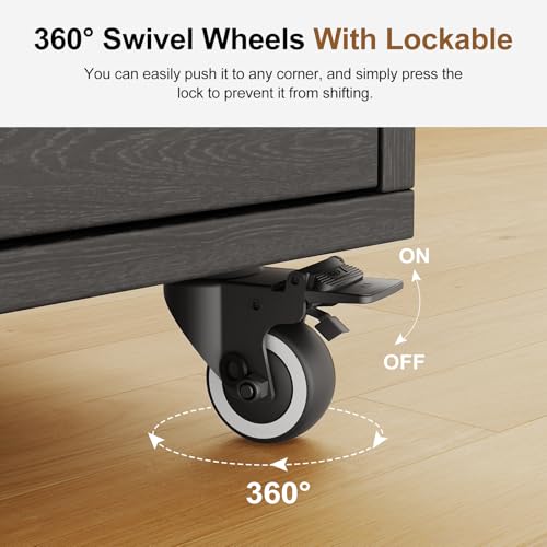 Black Bedroom Nightstand with Charging Station, 2 Drawers, Wheels