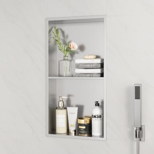 Brushed Stainless Steel 2-Tier Shower Niche 12x24 Inches - Easy Install