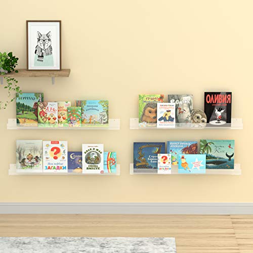 36-Inch Acrylic Floating Nursery Kids Bookshelf Wall Shelf 4 Pack - Transparent Modern Design