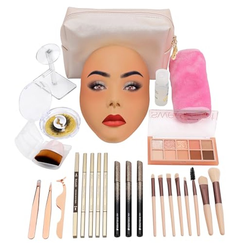 3D Makeup Practice Board - Silicone Face, Reusable Mannequin with Brushes & Eyebrow Pencils, Eyelashes, Bag & Remover Towel