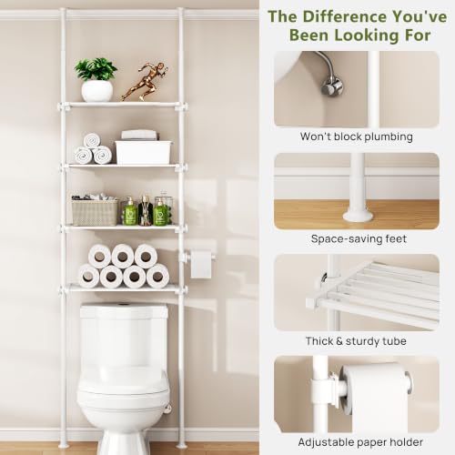 ALLZONE White Tension Mount Over The Toilet Storage Shelf – No-Drill, Slim Design