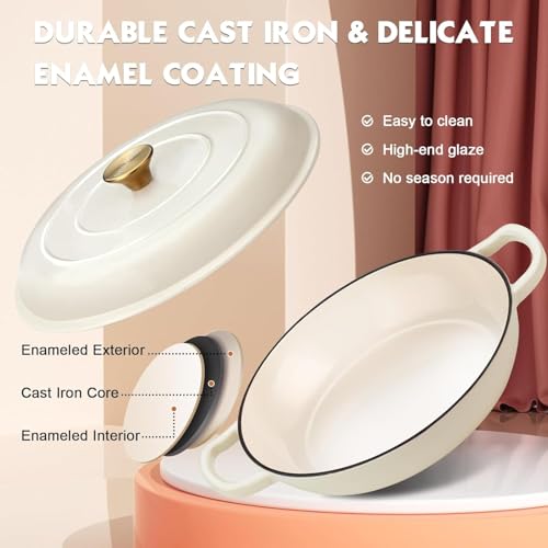 Overmont 3.8QT Enameled Cast Iron Dutch Oven - White Shallow Braiser with Lid