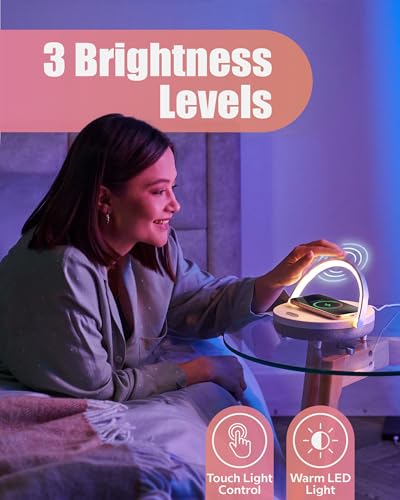 Bedside Lamp with Wireless Charger Touch Control LED Night Light Gift for Women